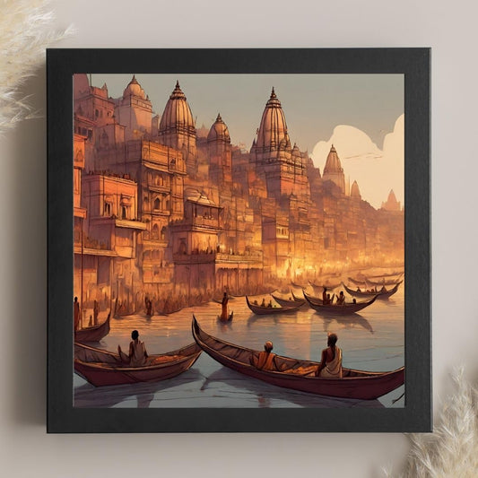 Vintage Travel Wall Art - Ganga River, Varanasi Poster - Decorative Frame for Home Decoration
